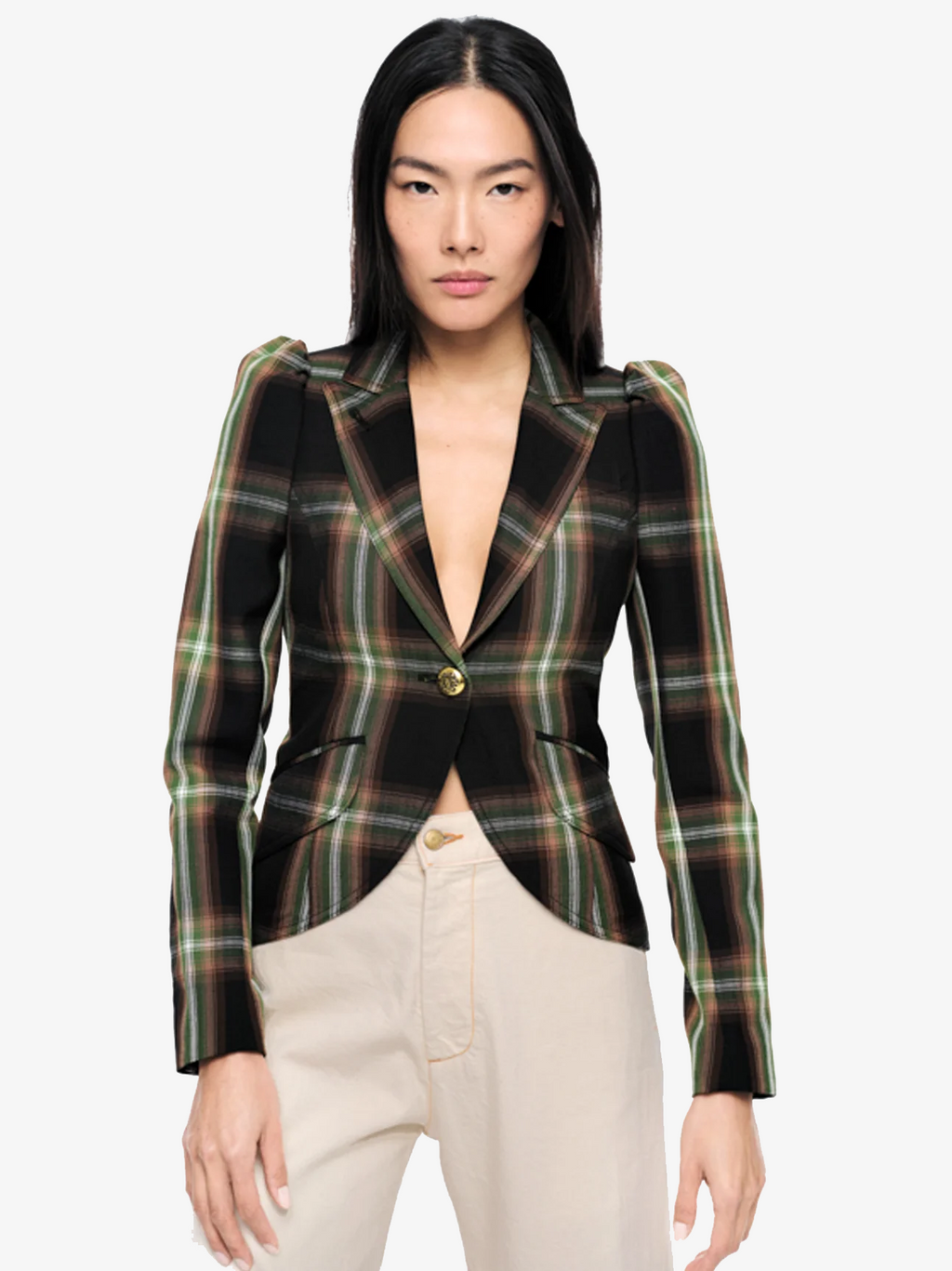 Pouf Sleeve One Button Blazer in Evergreen Plaid