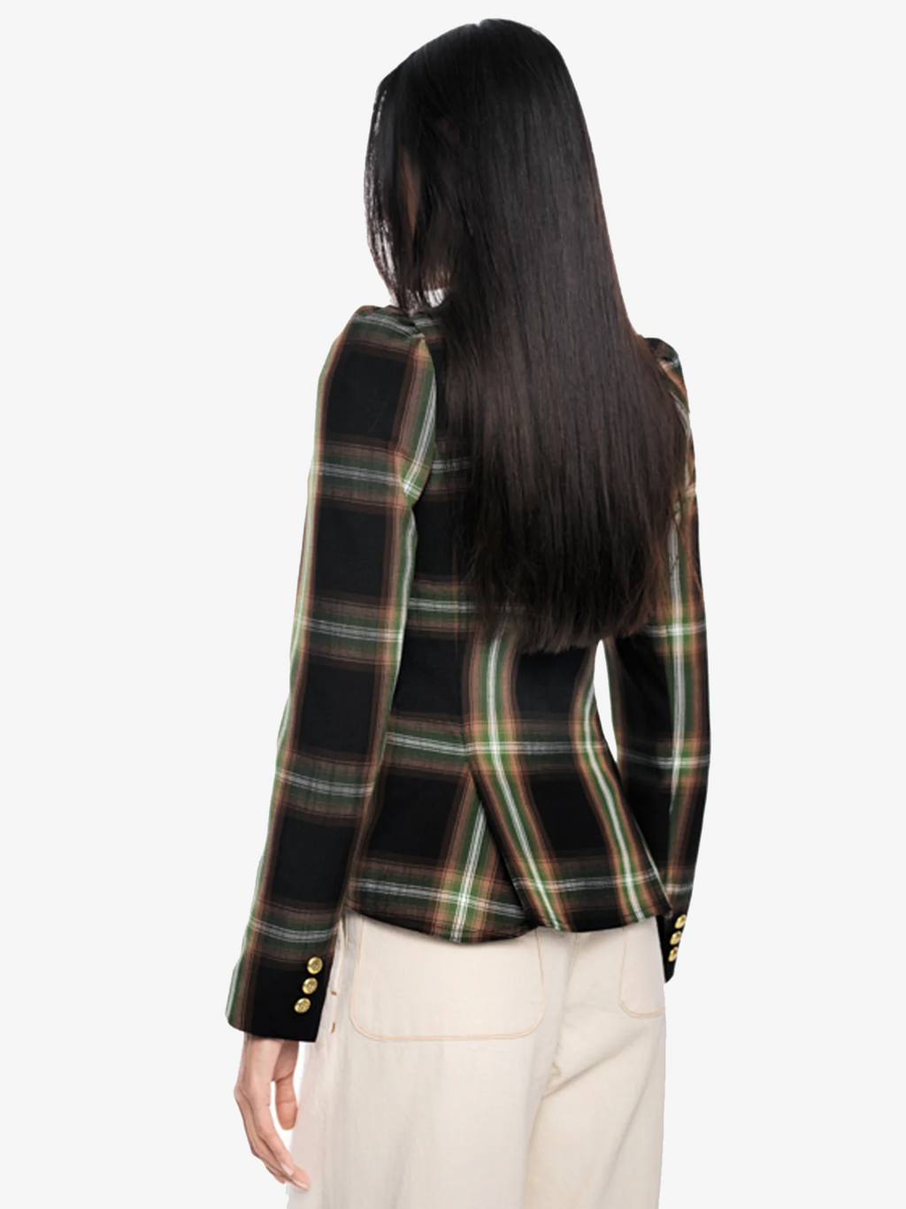 Pouf Sleeve One Button Blazer in Evergreen Plaid