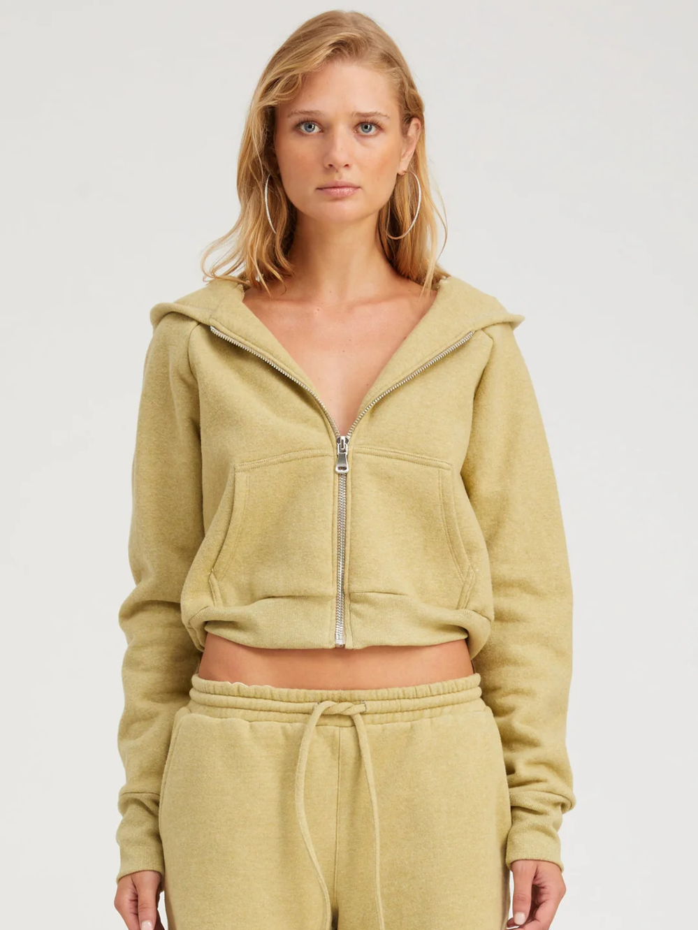 Pistachio Melange Shrunken Zip Up Hoodie