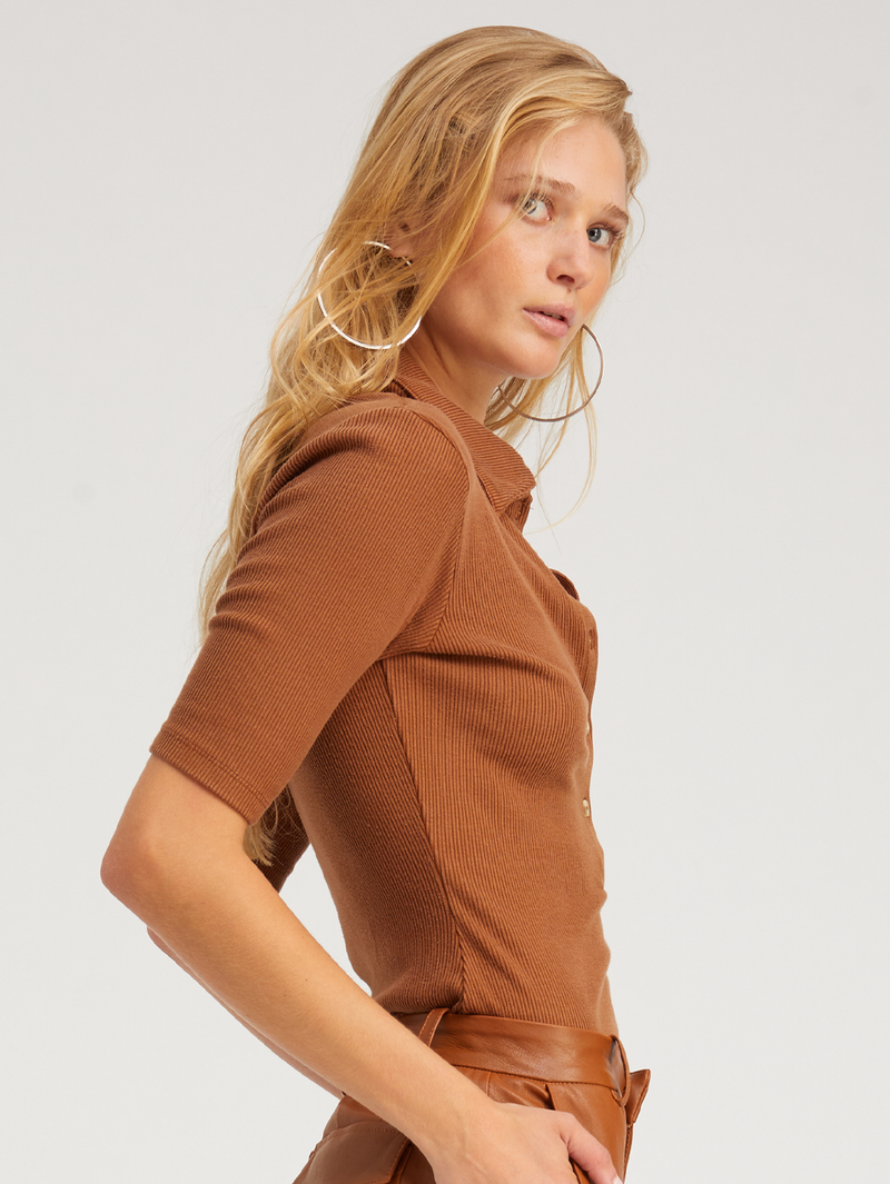 Chestnut Rib Mid Sleeve Polo Top