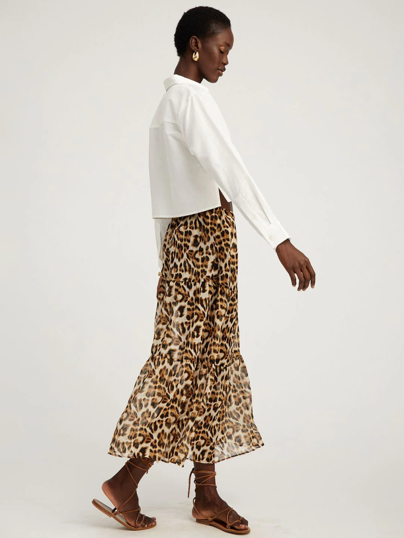 Leopard Silk Chiffon Ruffle Maxi Skirt