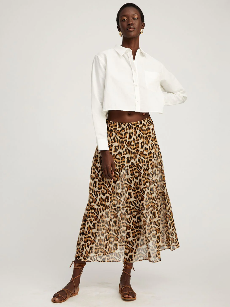 Leopard Silk Chiffon Ruffle Maxi Skirt