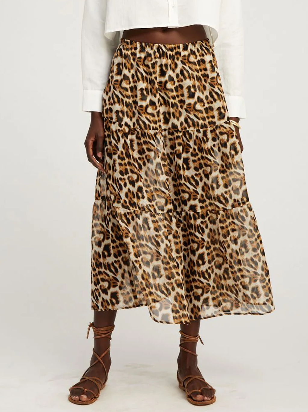 Leopard Silk Chiffon Ruffle Maxi Skirt
