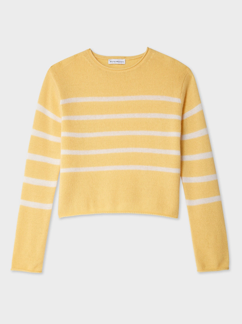 Cashmere Striped Roll Trim Crewneck