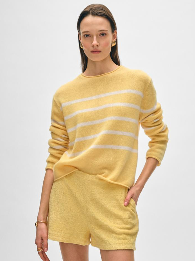 Cashmere Striped Roll Trim Crewneck