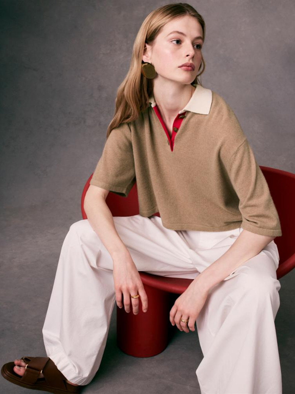 Cashmere Cropped Polo in True Camel Combo