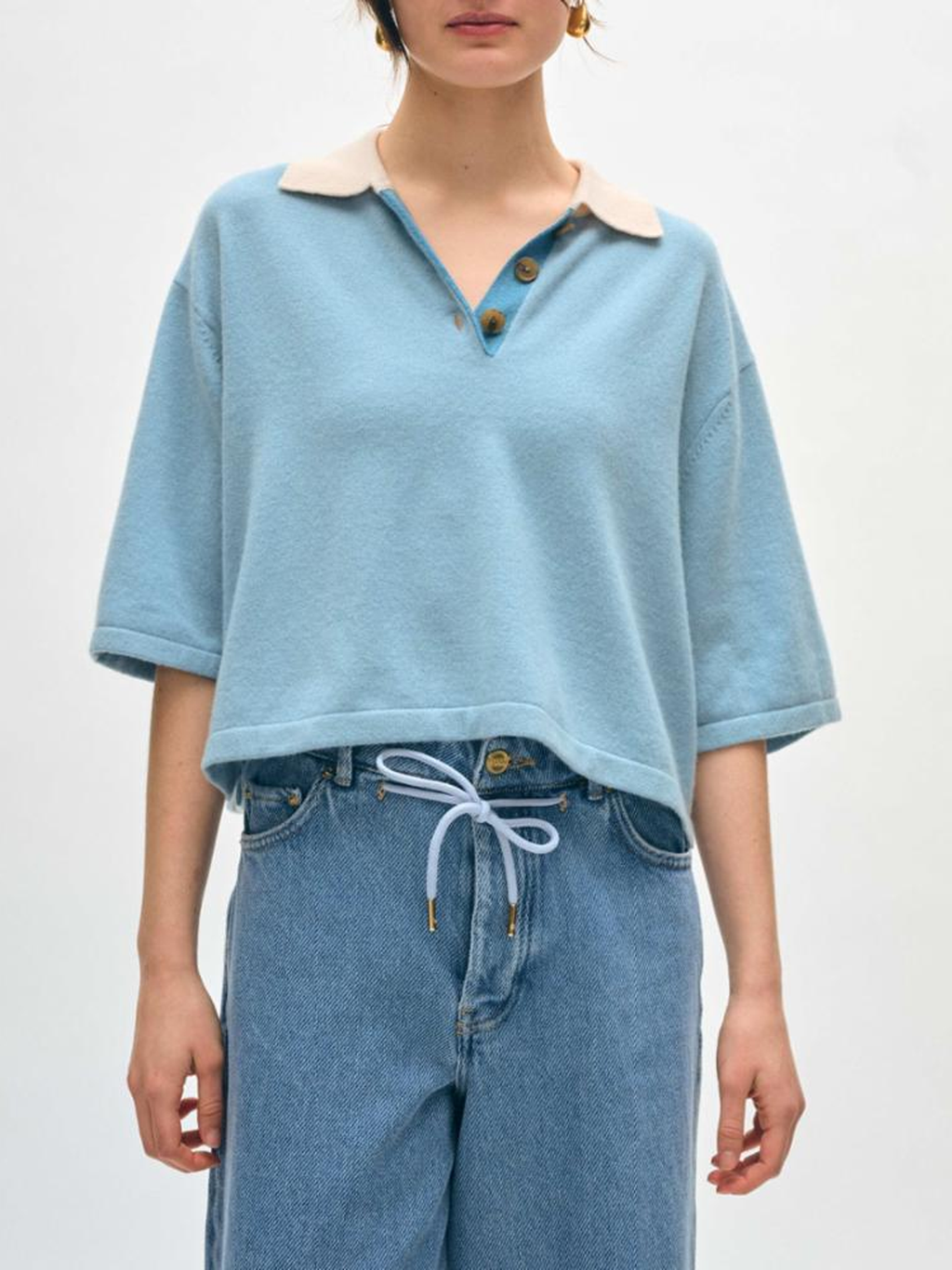 Cashmere Cropped Polo in Slate Blue