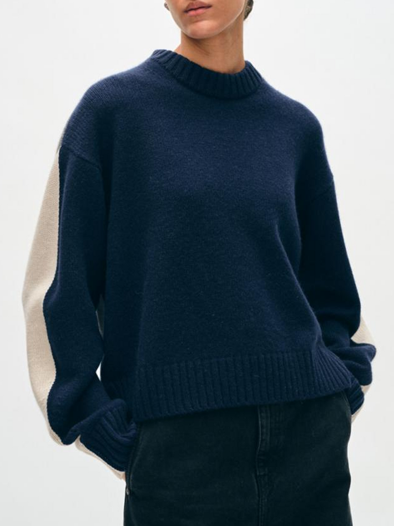 Cashmere Blend Colorblock Crew in Navy